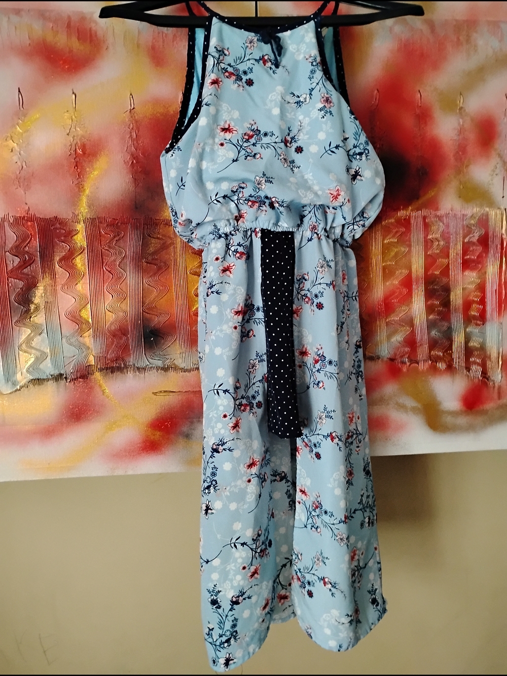 Lily Bleu Light Blue Floral Girls' Dress with Navy Polka Dot Sash